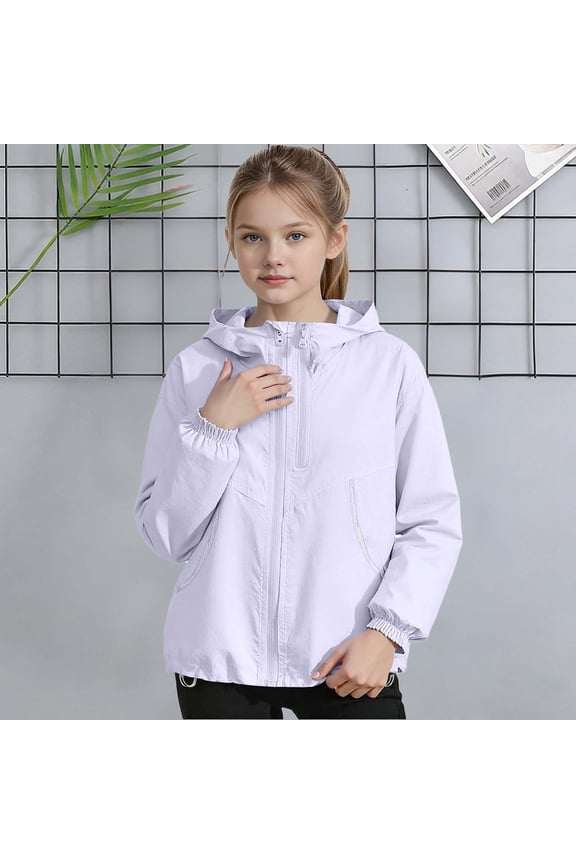 Lightweight Purple Windbreaker for Girls, Water Resistant Anorak with Drawstring Hood, Breathable Casual Kids Outerwear 5-15 Years,Size 8-9 T