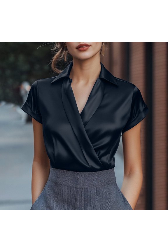 Lightweight Womens Navy Relaxed Fit Casual Blouse, Versatile Breathable Top for Daily Office Weekend Activities, US Sizes,Size 2XL