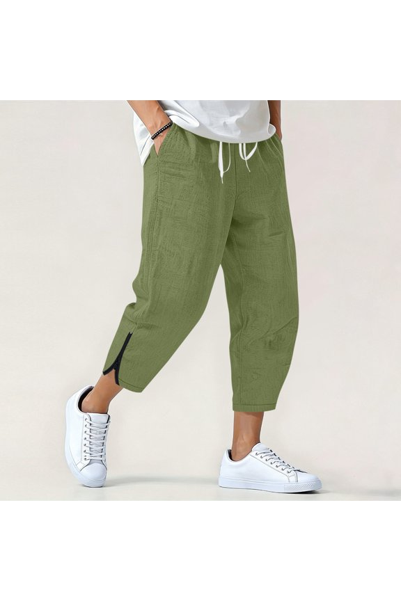 Men's Harem Pants Linen, Casual Elastic Drawstring Waist Ankle Zip Cropped Solid Green Lounge Trousers S-XXXL
