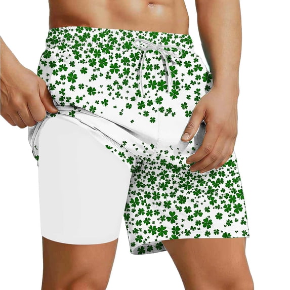 Avrnliq Mens 2-in-1 Green Clover St. Patrick's Day Shorts with Compression Liner, Quick Dry,Size M
