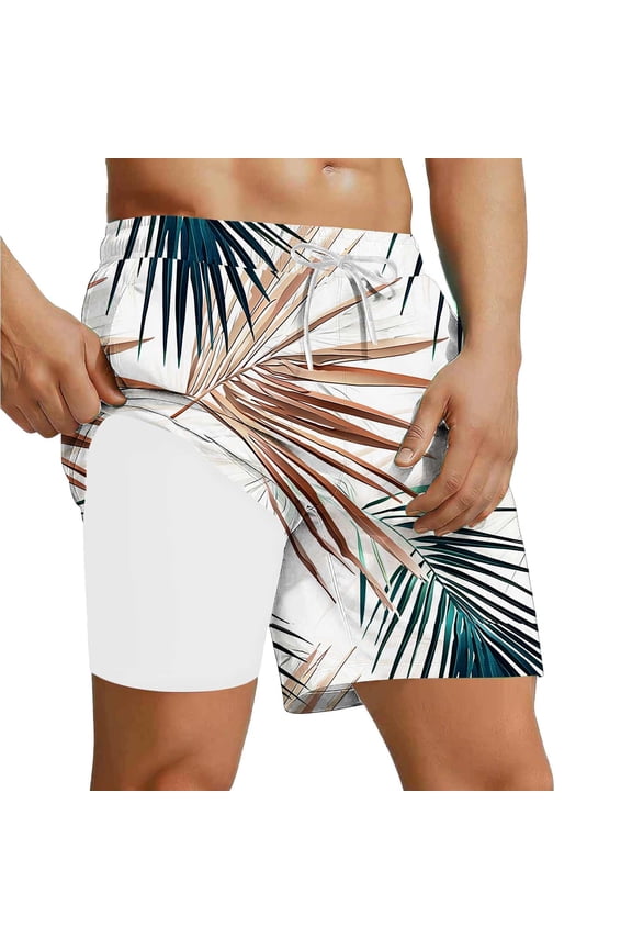Mens 2-in-1 Quick Dry Swim Trunks with Liner, White Tropical Palm Print, Adjustable Waist ,Size L