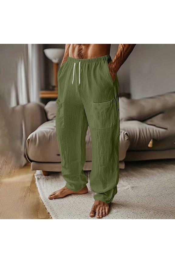 Mens Army Green Cotton Linen Cargo Pants, Breathable Elastic Waist Multi-Pocket Straight-Leg Casual Pants for Daily Wear Travel Outdoor,Size 2XL