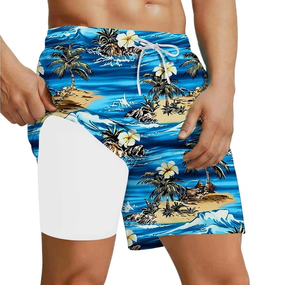 Avrnliq Mens Blue 2-in-1 Hawaiian Swim Trunks Quick-Drying with Compression Liner Adjustable Drawstring Knee-Length Fade-Resistant for Beach Water Sports S-XXXL,Size 3XL