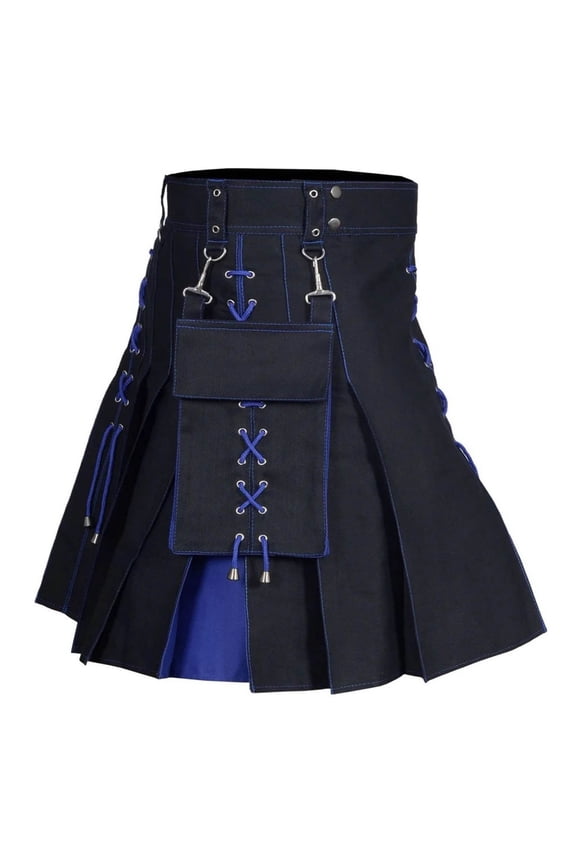 Mens Blue Utility Kilt - Wrinkle Resistant Polyester, Cargo Pockets, Adjustable Waist, Modern Scottish Style for Festivals ,Size S