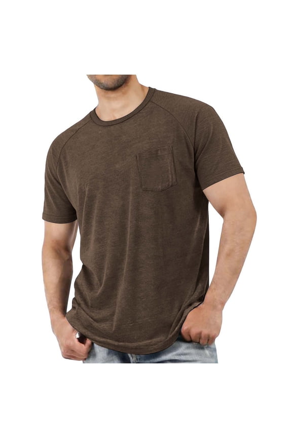 Mens Brown Heathered Raglan T-Shirt, Relaxed Fit Crew Neck with Chest Pocket, Soft Stretch Fabric 60% 35% Cotton 5% Spandex Casual Tee,Size XL