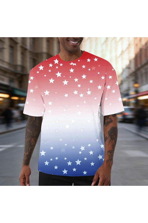 Mens Patriotic Star Gradient Short Sleeve Tee, Purple, All Over Sublimation Print, Crew Neck Relaxed Fit, S-5XL for 4th of July,Size M