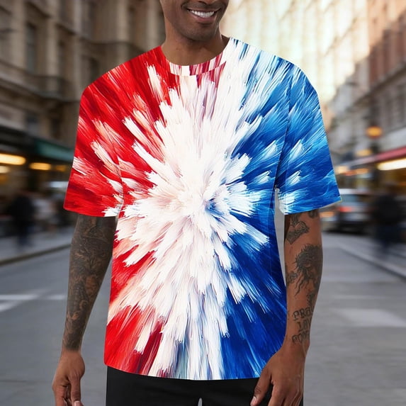 Avrnliq Mens Patriotic Tie Dye Burst Graphic T-Shirt, Red White Blue All Over Print, Short Sleeve Crew Neck, Regular Fit, S-6XL Multicolor,Size 5XL