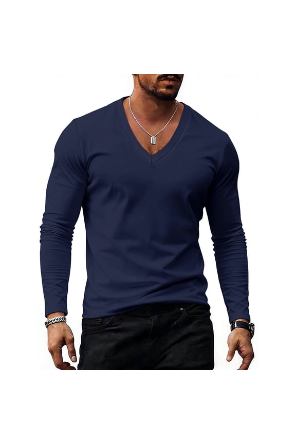 Mens V Neck Long Sleeve Shirts Stretchy Cotton Blend Casual Tee for Men Navy,Size XL