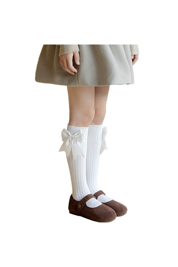 Non-Slip Cotton Knit Knee High Socks - Ribbed with Satin Bow, Unisex White, 1PC, Fits 4-8 Year Olds (140cm Height),Size 6-14T