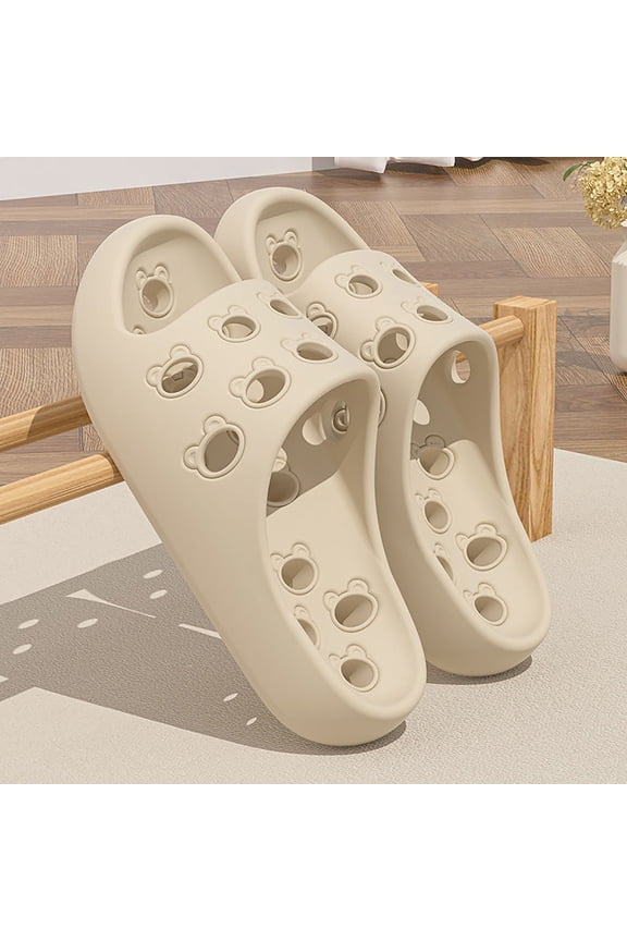 Non-Slip Quick-Drying Beige EVA Slides - Lightweight Perforated Bear Cutout Unisex Shower Pool Slides ,Size 44
