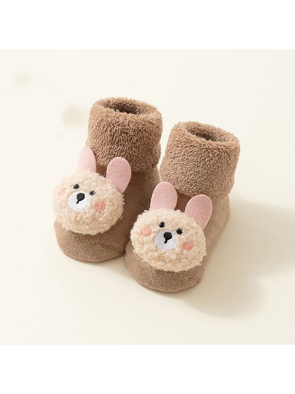 Non-Slip Soft Cotton Kids Bootie Socks Unisex 0-24 Months, 3D Bunny Khaki Socks with Warm Terry Cuff for Daily Home & Outings,Size M