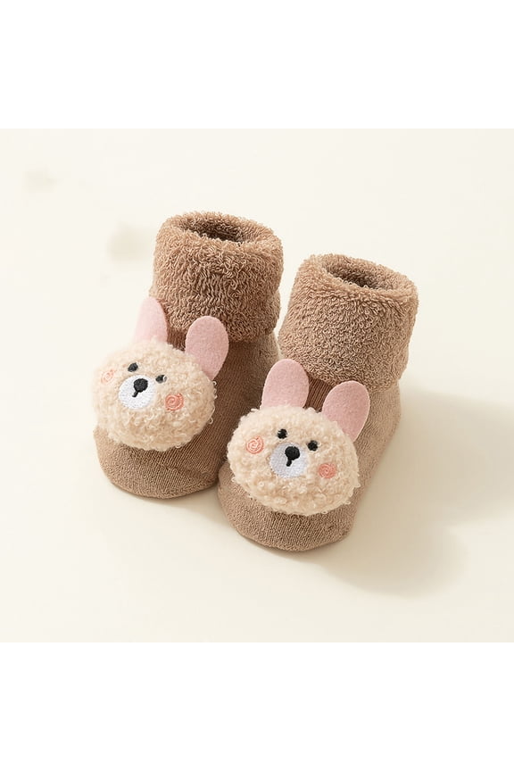 Non-Slip Soft Cotton Kids Bootie Socks Unisex 0-24 Months, 3D Bunny Khaki Socks with Warm Terry Cuff for Daily Home & Outings,Size S