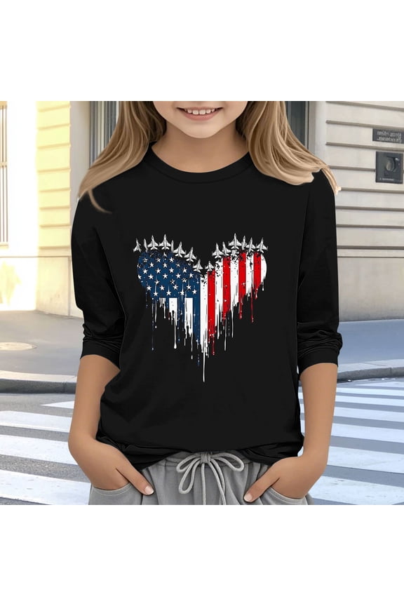 Patriotic American Flag Heart Air Show T-Shirt for Kids, USA Flag Red White Blue Drip Graphic Tee, 4th of July Independence Day Casual Crew Neck Tops,Size 3-4 T