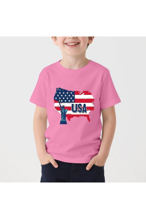Patriotic USA Map Graphic T-Shirt for Kids, Pink, Crew Neck Short Sleeve, Sizes 110-170,Size 12-13T