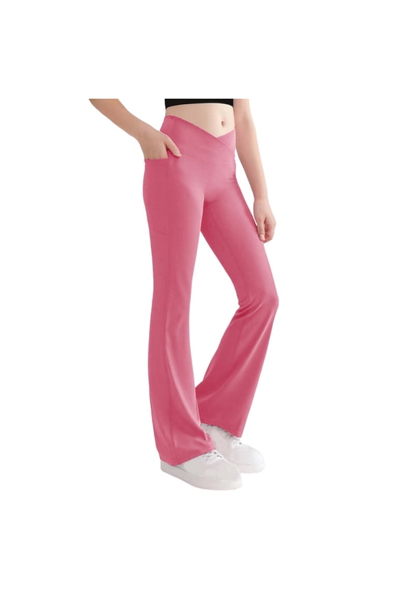 Pink High-Waisted Flare Pants for Teen Girls, 4-Way Stretch Pull-On with Pockets for Everyday, School & Casual Wear,Size 10 T