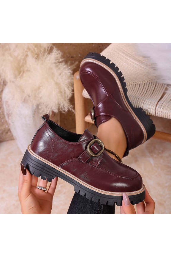 Platform Monk Strap Loafers for Women, Chunky Sole Slip-On with Buckle Detail, Round Toe PU Faux Leather Upper, Comfortable Wine Color Loafers for Daily & Office Wear,Size 37