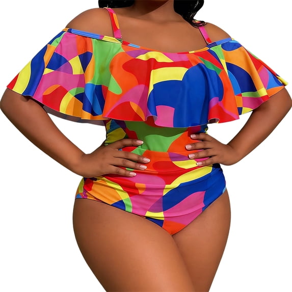 Avrnliq Plus Size Red Off-the-Shoulder Ruffle One-Piece Swimsuit with Tummy Control Ruched Waist Adjustable Straps High Cut Leg Full Coverage for Women (XL-XXXXL),Size 4XL