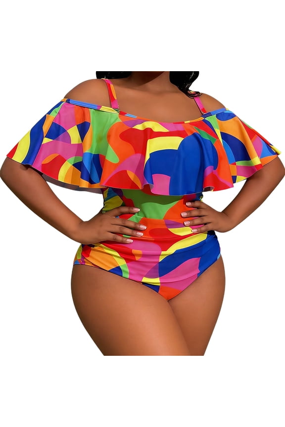 Plus Size Red Off-the-Shoulder Ruffle One-Piece Swimsuit with Tummy Control Ruched Waist Adjustable Straps High Cut Leg Full Coverage for Women (XL-XXXXL),Size 3XL