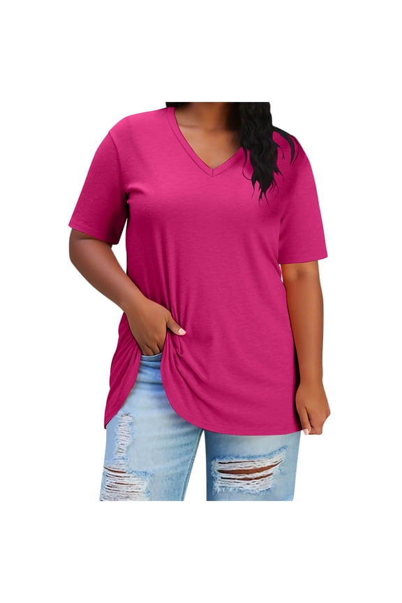 Plus Size Tops for Women Loose Fit V-Neck Short Sleeve Shirt with Side Slits Hot Pink Casual Knit Top 2X-6X,Size 3XL