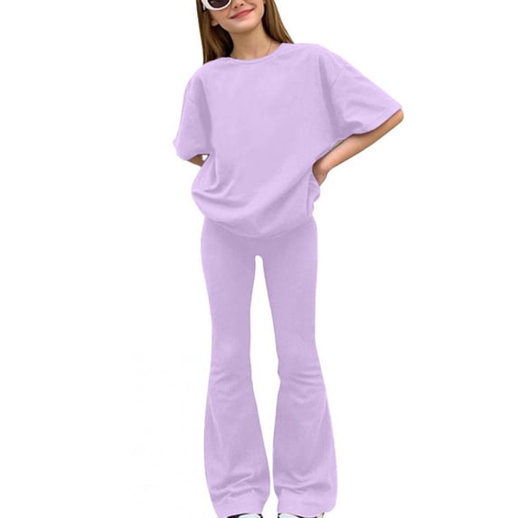 Avrnliq Purple Retro Girls 2 Piece Outfit, Oversized Short Sleeve Top & High-Waisted Flare Pants Set for Kids Girls 6-12,Size 11-12T