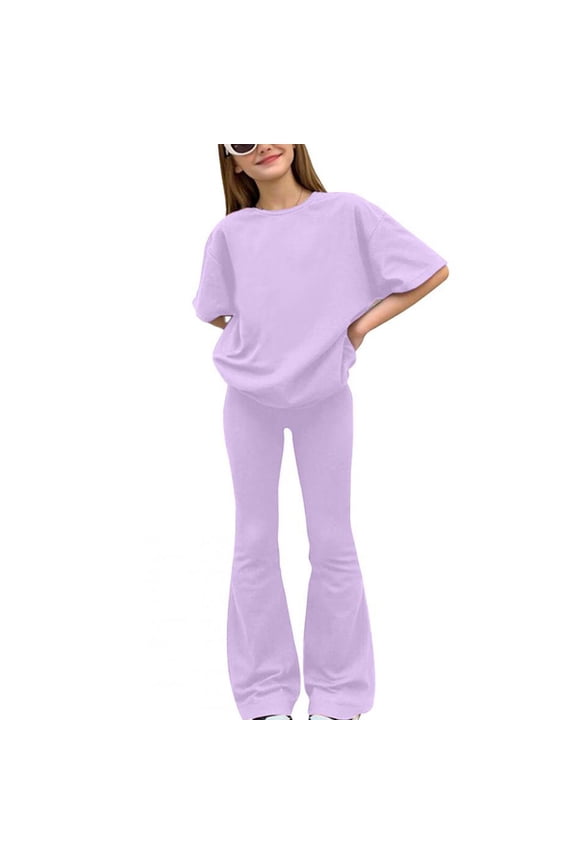 Purple Retro Girls 2 Piece Outfit, Oversized Short Sleeve Top & High-Waisted Flare Pants Set for Kids Girls 6-12,Size 11-12T