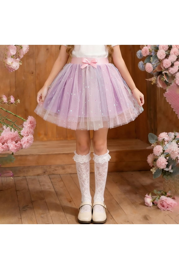 Purple Sparkly Kids Girls Tutu Skirt, Multi-Layered Tulle Princess Skirt with Satin Bow, Soft Elastic Waist Dress-Up Skirt for Girls Aged 2-10 Years,Size 3 T