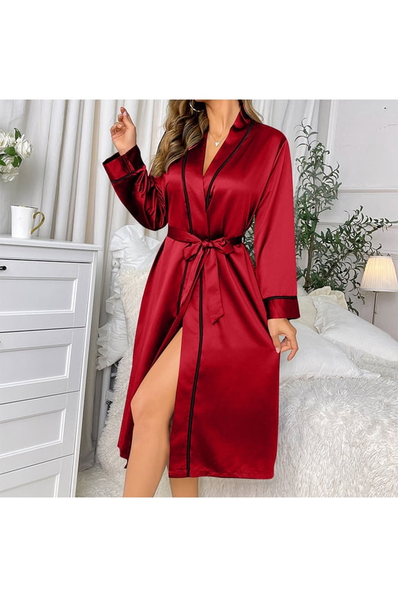 Red Satin Robe for Women Silk-Like Contrast Trim Long Sleeve Midi Robe with Side Slit Luxury Bridal Getting Ready Loungewear for Wedding Spa Sleep,Size L