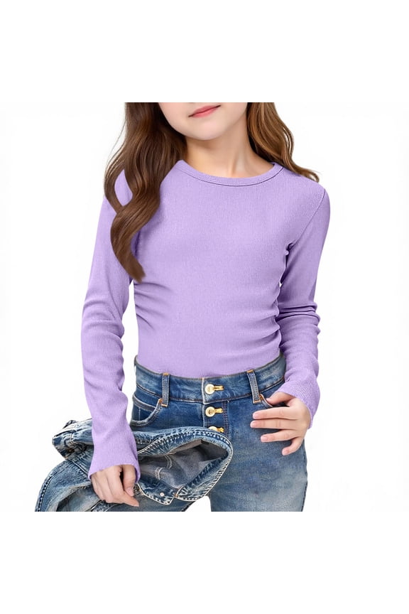 Ribbed Purple Girls Long Sleeve Crew Neck Top, Stretchy Polyester Spandex Blend Casual Shirt for Girls Ages 5-16,Size 5-6 T