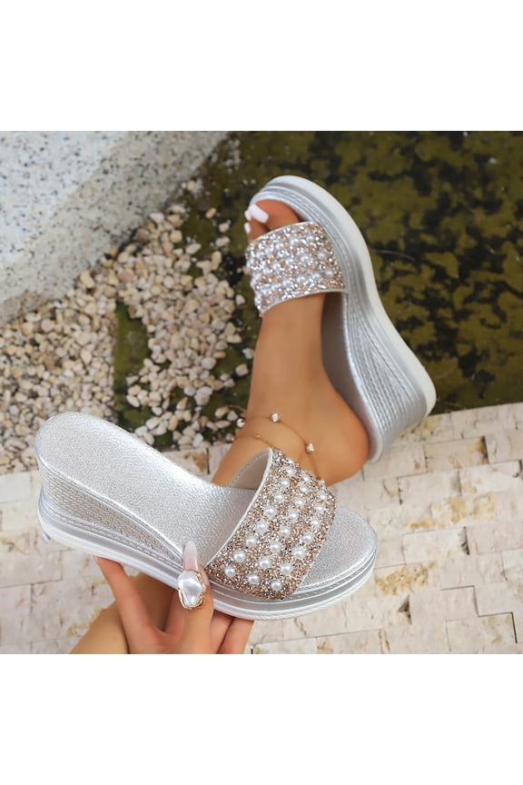 Silver Embellished Wedge Slide Sandals for Women, Faux Pearl Rhinestone Slip-On Platform Open Toe Comfort Dressy Summer Wedding Guest Sandals,Size 6.5