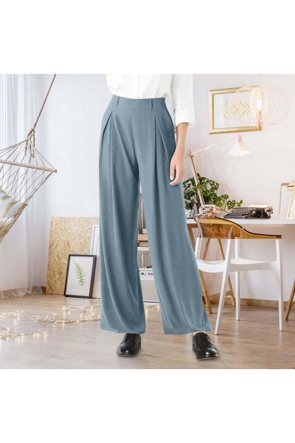 Sky Blue Womens Pleated Wide Leg Pants, Stretchy Wrinkle Resistant Nylon Spandex Trousers with Inclusive Sizes S-XXXXXL, Versatile for Office & Daily Casual Wear,Size 2XL