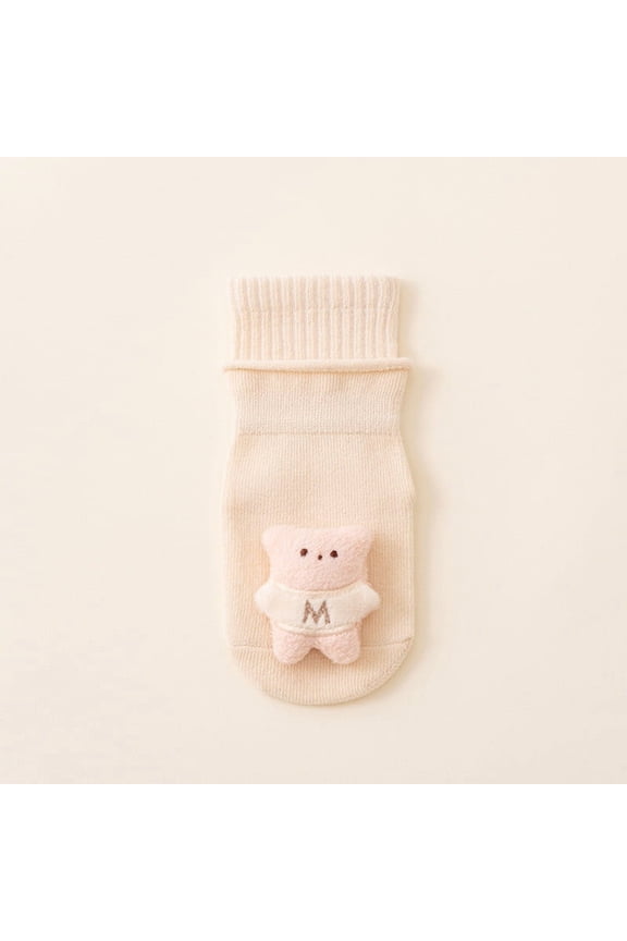 Soft Cotton Kids Kids Socks for Girls, White with 3D Bear Decor, 0-3 Years (S 0-1y/M 1-3y), Breathable Ribbed Cuff, Gentle on Delicate Skin - 1 Pair,Size S