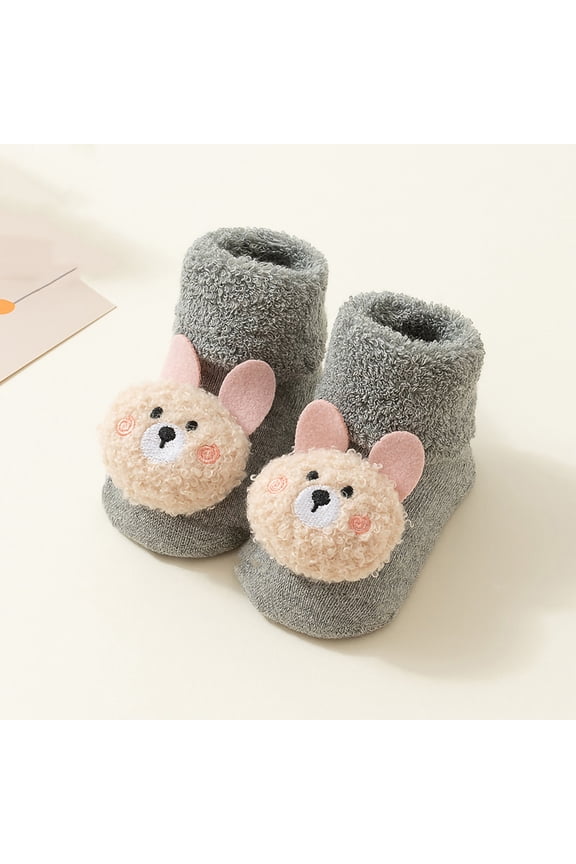 Soft Cotton Non-Slip Kids Bootie Socks Unisex 0-24 Months, 3D Bunny Gray Socks with Warm Terry Cuff for Daily Home & Outings,Size M