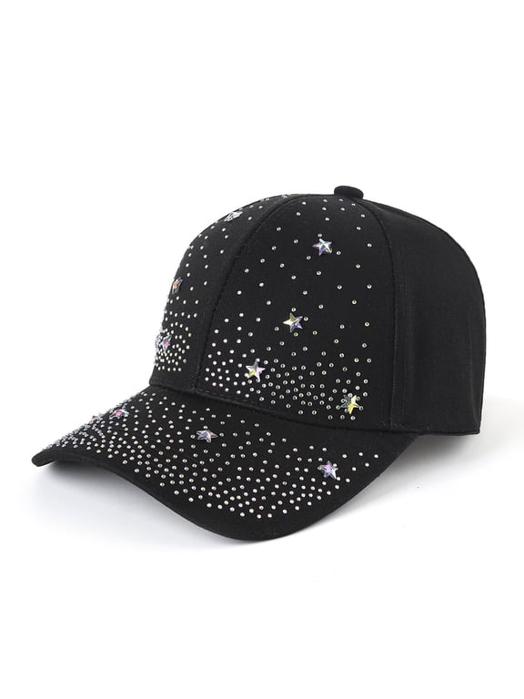 Sparkling Rhinestone Star Baseball Cap for Women Black Adjustable Fashion Sun Hat Lightweight Casual Outdoor Travel Headwear,Size M