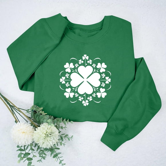 Avrnliq St. Patrick's Day Clover Crewneck Sweatshirt for Women, GreenMachine Washable Relaxed Fit,Size 3XL