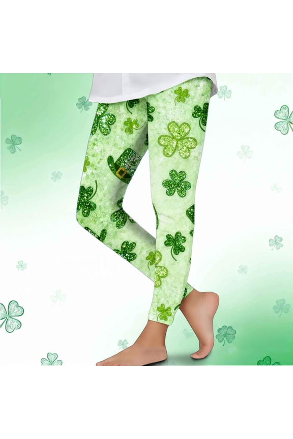St. Patrick's Day Girls Leggings, Green Shamrock Leprechaun Print High-Waist Stretch Skin-Friendly Pants for Kids Aged 4-12,Size 7 T