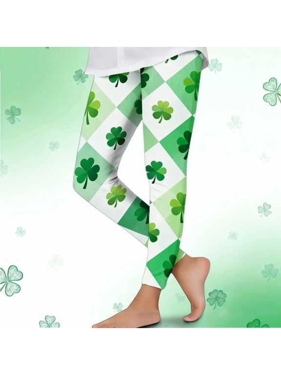 St. Patrick's Day Green Clover Argyle Girls Leggings, Stretchy Skin-Friendly Pants for Kids 4-12, Ideal for Parade & School Spirit Day,Size 6 T