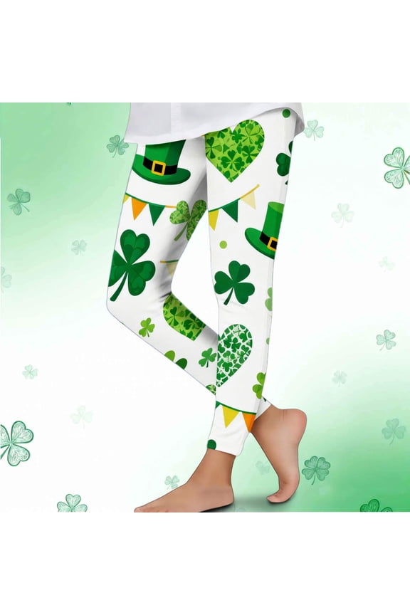 St. Patrick's Day Green Girls Leggings, Shamrock Leprechaun Print Stretch Pants, Soft Durable Slim-Fit Leggings for Kids Aged 4-12,Size 5 T