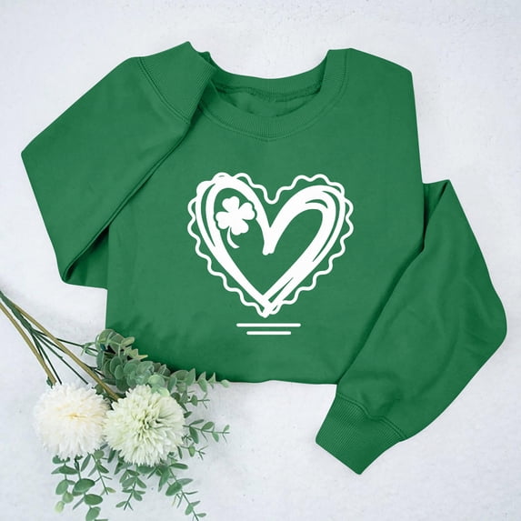 Avrnliq St. Patrick's Day Womens Green Crewneck Sweatshirt - Shamrock Heart Graphic Parent-Child Matching Top,Size M