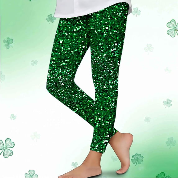 Avrnliq St Patricks Day Leggings for Girls, Green Sparkle Print 4-Way Stretch Soft Slim Fit Kids Leggings, Festive Holiday Activewear for School Parades Playdates,Size 6 T