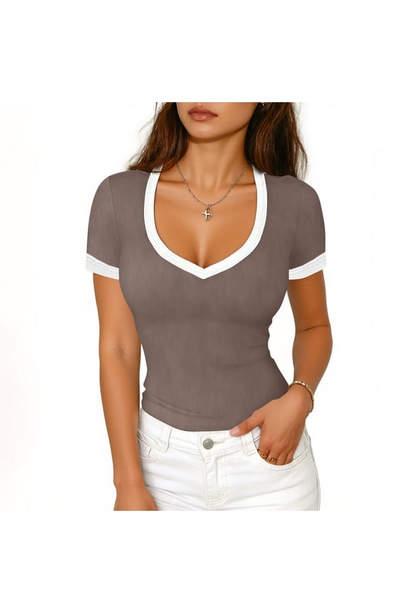 Stretchy Ribbed Ringer Tee for Women, Brown V Neck Slim Fit Short Sleeve with Contrast Trim, Casual Everyday Ribbed Top, S-XXL,Size 2XL
