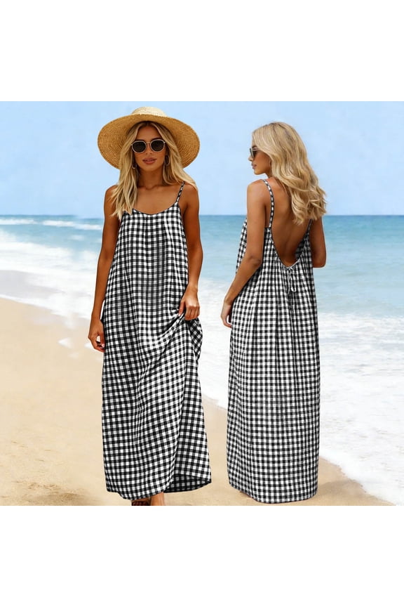 Summer Gingham Checkered Maxi Dress Loose Fit Open Back Beach Sundress,Size 3XL