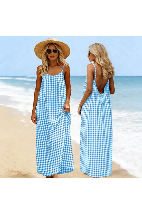 Summer Gingham Checkered Maxi Dress Loose Fit Open Back Beach Sundress,Size M