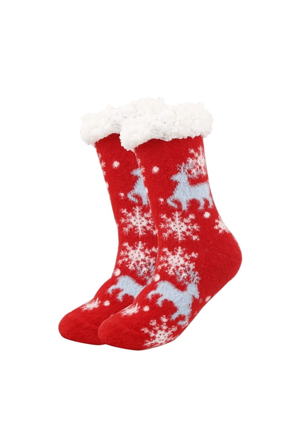 Unisex Adult Red Christmas Socks - Warm Fleece-Cuffed Reindeer Snowflake Socks, One Size Fits Most, Cozy Winter Holiday Gift for Home & Parties,Size Free Size