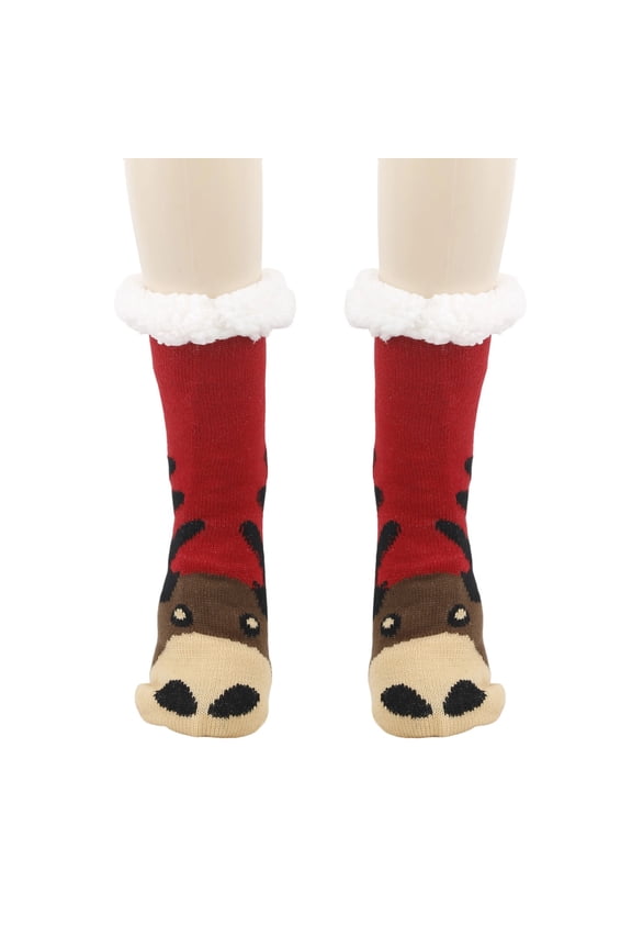 Unisex Christmas Socks for Adults - Acrylic Mid-Calf Socks with Sherpa Cuff, Reindeer Design, Brown - Festive Holiday Stocking Stuffer,Size Free Size