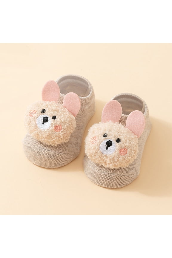 Unisex Khaki Kids Cotton Socks - Soft Breathable Low-cut, with 3D Plush Bear, for Newborns/Kidss (S/M), Everyday Wear/Kids Shower Gifts, 1 Pair,Size M