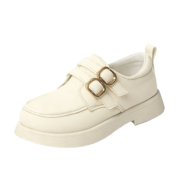 Avrnliq Unisex Kids' Double Buckle Mary Jane Loafers School Dress Shoes for Kids to Big Kids Beige,Size 8.5-9T