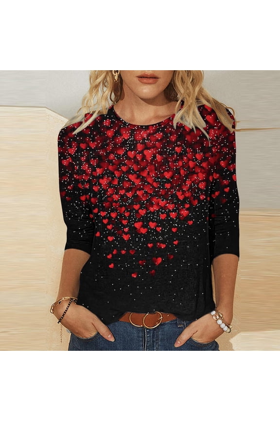 Valentine Womens Multicolor Heart Print Top - Three Quarter Sleeve Stretchy Polyester Spandex Loose Fit Casual Romantic Plus Size (1X-5X) Blouse,Size 2XL