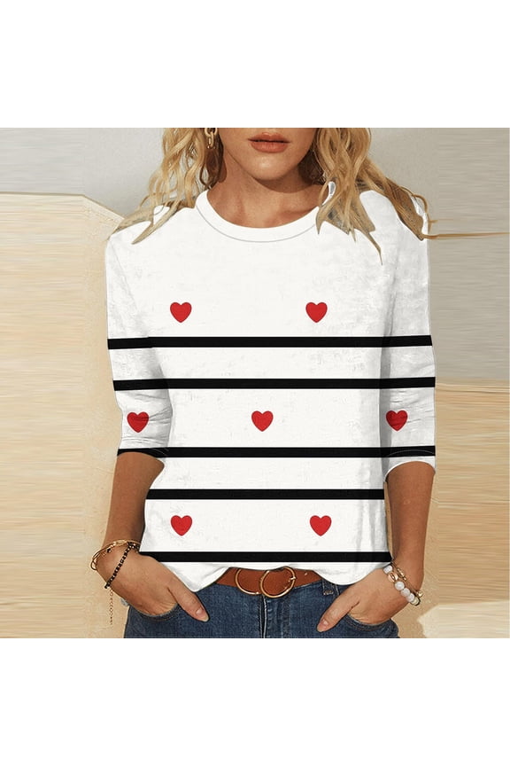 Valentine Womens White Striped Red Heart Print Top - 3/4 Sleeve Round Neck Soft Stretchy Loose Fit Plus Size (S-XXXL) Casual Everyday Blouse,Size S