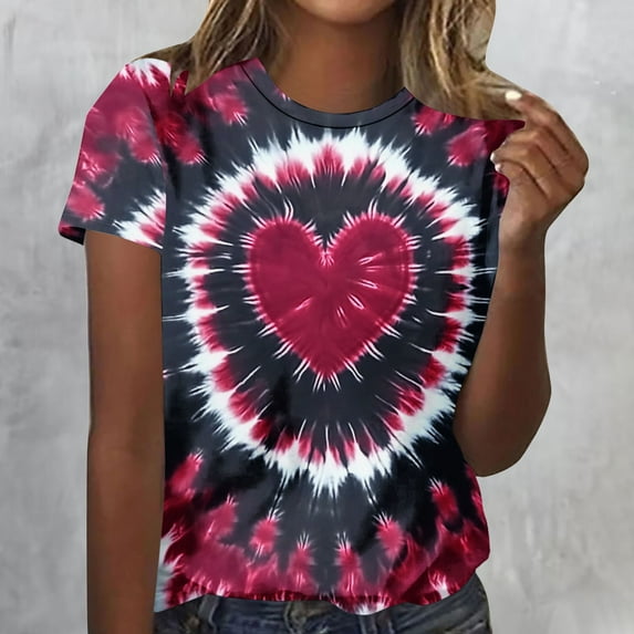 Avrnliq Valentine Womens Wine Tie-Dye Heart Print Top - Stretchy ...