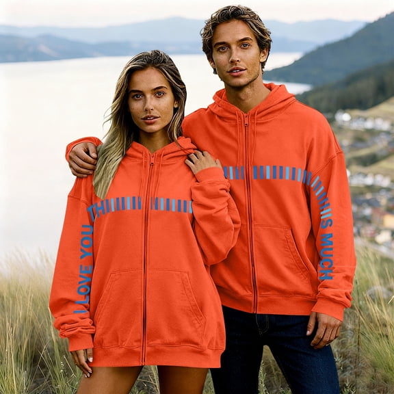 Avrnliq Valentine's Day Hoodie for Women - Oversized Full Zip Graphic Print "I Love You This Much" Orange Slouchy Sweatshirt,Size S